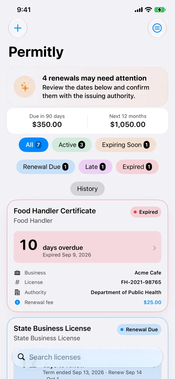 Official Permitly App Store screenshot showing renewal costs, status filters, and license details