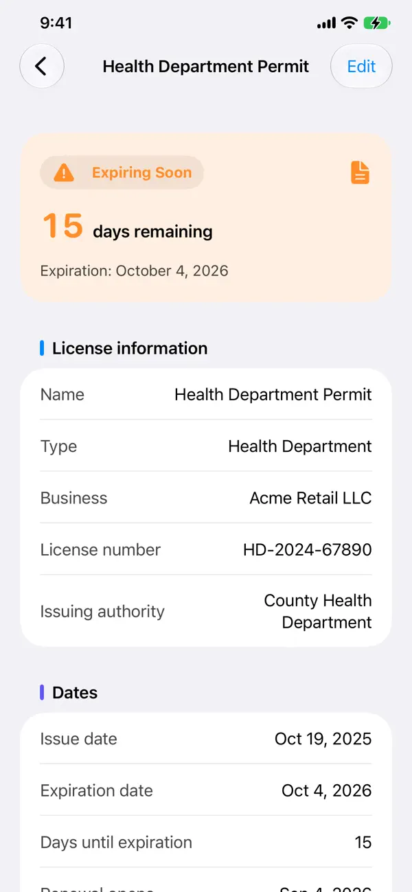 Permitly license detail screenshot from the App Store